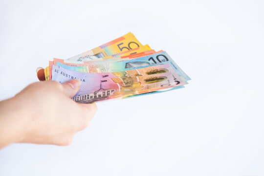 Australian money in bank notes, cash on white
