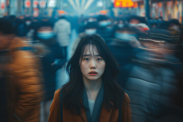 An Asian woman standing in a moving crowd with a worried facial expression, anxiety concept