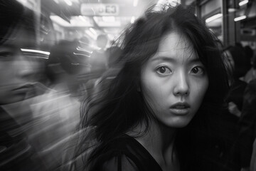 An Asian woman standing in a moving crowd with a worried facial expression, anxiety concept