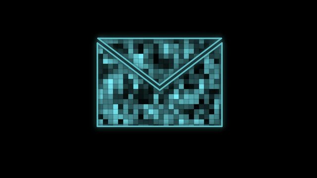 Cg footage of an email symbol in turquoise neon color with flashing squares on a black background