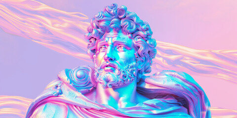 Contemporary art collage with antique statue head in a vaporwave style. - 759605499
