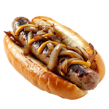  front view of delectable Wisconsin Beer Brats with saut&eacute;ed onions and mustard on a classic brat bun, food photography style isolated on a white Transparent background
