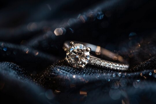 A stunning close-up shot of a ring sparkling brilliantly against a plush, dark velvet backdrop. The image perfectly captures the radiance and luxury associated with high-end jewelry