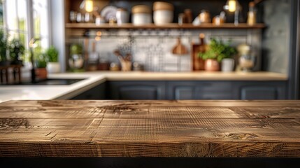 Wood table top on blur kitchen window background.