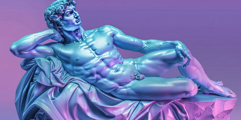 Contemporary art with antique statue in a vaporwave neon style. - 759605686