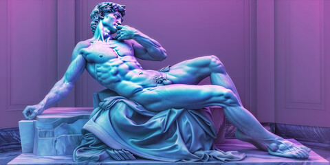Contemporary art with antique statue in a vaporwave neon style. - 759605689