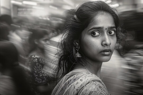 An Indian woman standing in a moving crowd with a worried facial expression, anxiety concept