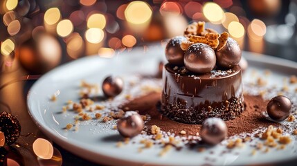 A luxurious chocolate dessert adorned with honeycombs on a white plate, surrounded by festive decor