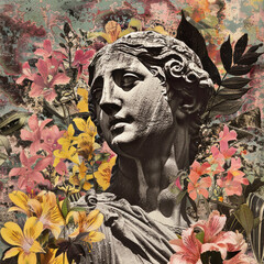 Contemporary art collage with antique statue head in a retro surreal style. - 759605859