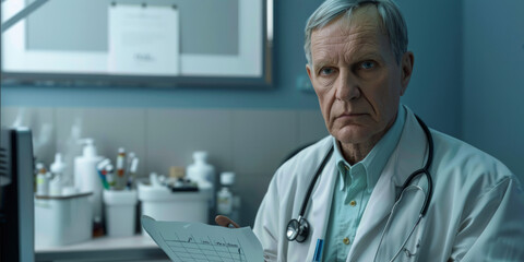 A senior male doctor in a clinic setting examines a medical chart with a serious expression