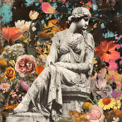 Contemporary art collage with antique statue head in a retro surreal style. - 759605878
