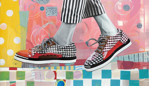 Contemporary fashion art collage, modern design. Retro shoes style.