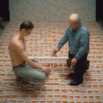 pixel art of A man measures a pattern on a mannequin Studio photography, in style of Annie Liebowitz, Kodak portra 400, 50 mm lens, Super Resolution,