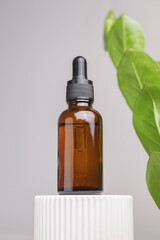 Cosmetic bottle with dropper on podium. Serum container and plant twigs on white background. Organic cosmetics, beauty products concept.