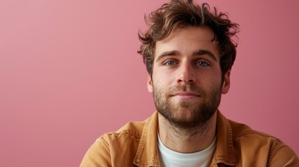 Obraz premium Handsome smiling, happy and pleased stoic man with positive vibes. Portrait of a joyful young man with beautiful hair and fashionable clothes.