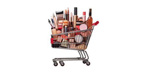 Shopping cart full with makeup cosmetics with accessories 