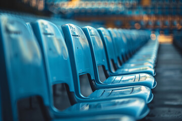 A row of blue plastic seats in a sports stadium close-up - obrazy, fototapety, plakaty