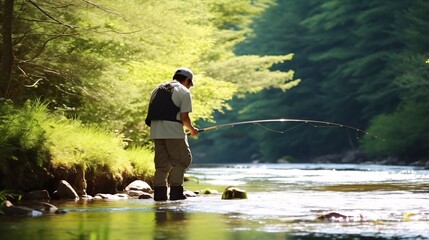 渓流で釣りをする日本人男性、川と自然の風景