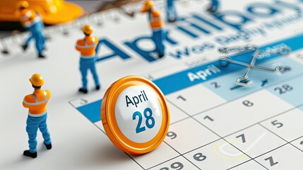 digital illustration of a calendar web button emphasizing the importance of April 28th as World Day for Safety and Health at Work, encouraging safety initiatives and health campaigns online