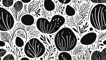Abstract organic shape art   pattern with freehand doodles. Contemporary flat cartoon background, simple nature shapes in black and white.	