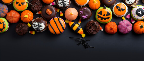 Halloween sweets on colored background close up ..
