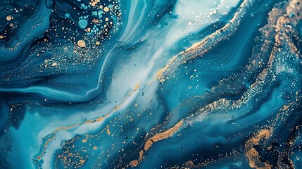 Abstract ocean- ART. Natural Luxury. Style incorporates the swirls of marble or the ripples of agate. Very beautiful blue paint with the addition of gold powder - obrazy, fototapety, plakaty