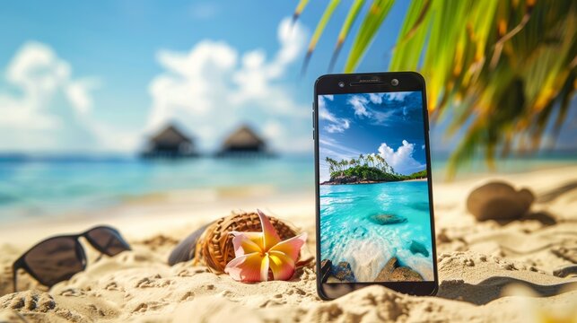 A smartphone with a tropical beach image stands upright in sandy beach with sunglasses and a seashell
