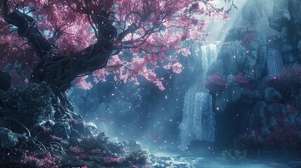 Tranquil Cherry Blossom and Waterfall Scene