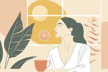 Woman Enjoying Coffee - Warm Toned Illustration