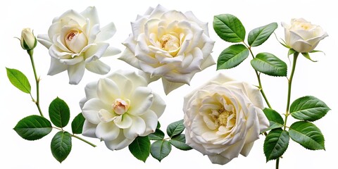 Set of beautiful white roses in full bloom, with soft petals and green leaves. Generated AI