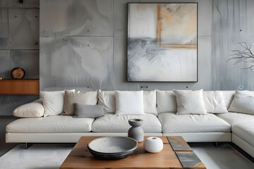 A modern living room with concrete walls, a white leather sofa, a wooden coffee table, and an abstract painting on the wall above it. Contemporary furniture and soft lighting.