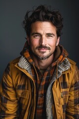 Obraz premium Handsome smiling, happy and pleased stoic man with positive vibes. Portrait of a joyful young man with beautiful hair and fashionable clothes.