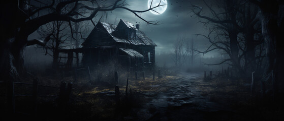 Haunted house. Old abandoned house in the night forest