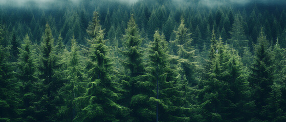 Healthy green trees in a forest of old spruce fir 