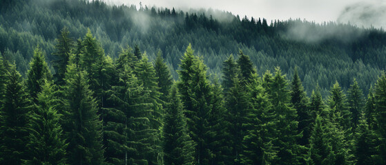 Healthy green trees in a forest of old spruce fir  - obrazy, fototapety, plakaty