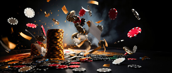 High contrast image of casino chips falling