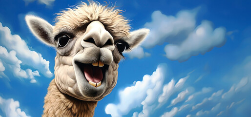 Fototapeta premium Camel face on blue sky with clouds, panoramic layout. Generative Ai