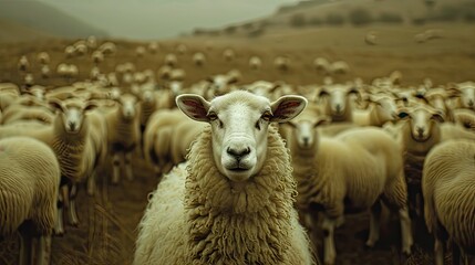 Fototapeta premium A lone sheep stands apart from the herd, gazing up with a sense of individuality and distinctiveness, evoking the notion of uniqueness and standing out