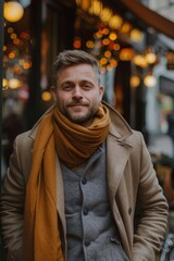 Fototapeta premium Handsome smiling, happy and pleased stoic man with positive vibes. Portrait of a joyful young man with beautiful hair and fashionable clothes.