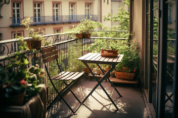 Fototapeta na wymiar Cozy city apartment balcony with patio furniture and flowering potted plants.