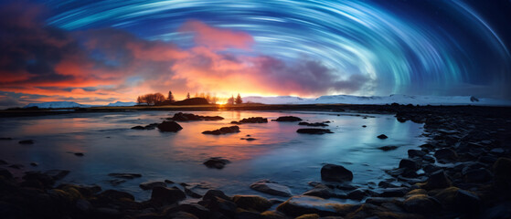 Icelandic spiral northern lights in autumn time  - obrazy, fototapety, plakaty