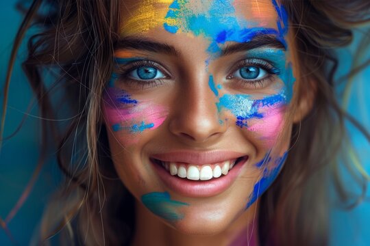 close-up of a young woman's face covered with bright Holi colors, vibrant blue eyes and joyful expression.