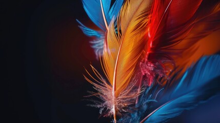 Beautiful colorful magical bird feathers isolated on black background. Generative AI