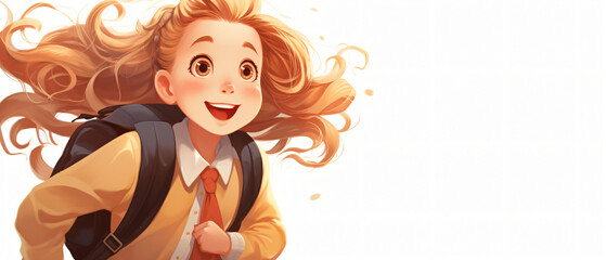 Illustration of smiling girl with backpack going to school