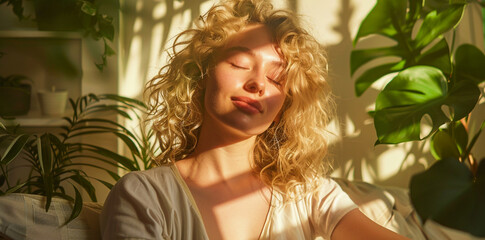 A beautiful blonde woman with curly hair is sitting in the sun next to the indoor plant, her eyes closed and she smiles slightly as sunlight shines on her face