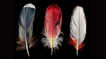 Beautiful colorful magical bird feathers isolated on black background. Generative AI