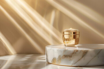 Open luxurious golden beauty cream jar placed on a marble stand with soft light reflections.