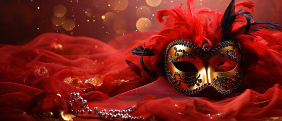 Image of elegant venetian mask on red silk and glitter