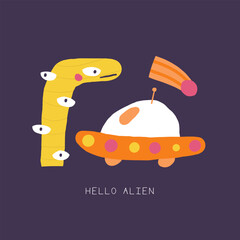 Cute space postcard with funny hand drawn doodle alien, comet, ufo. Cosmic, universe, night sky cover, template, banner, poster, print. Cartoon style background, t shirt print composition for kids