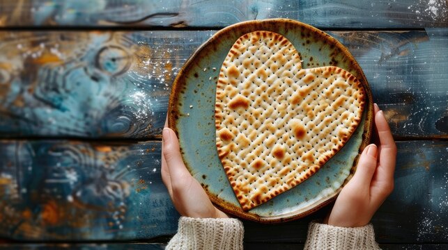A woman's hand delicately holds a heart-shaped matzah, symbolizing love and care in the traditional Passover celebration, evoking feelings of family bonding and holiday joy